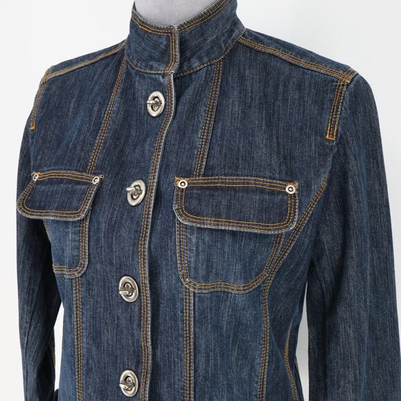 Chicos Denim Jacket 0 Womens Small Blue Military Stretch Cotton Pockets Toggles - Picture 9 of 16